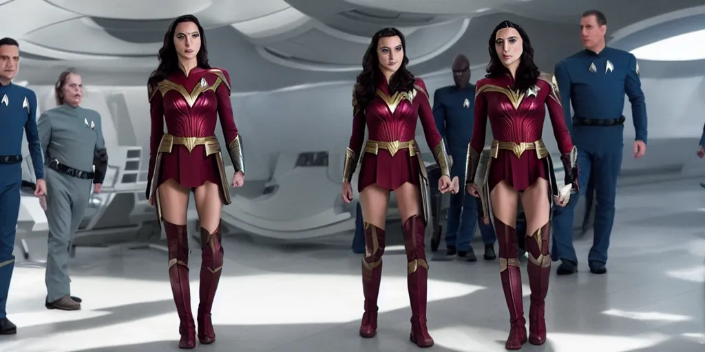 Image similar to gal gadot, in full starfleet uniform, is the captain of the starship enterprise in the new star trek movie