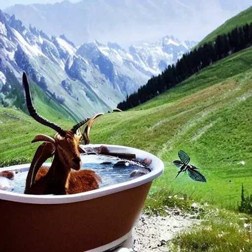 Image similar to dragonfly in a bathtub in the alps, big goat!!!!!!! goats!!!! in the background