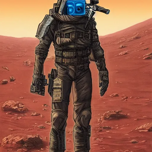 Image similar to a cyberpunk soldier with tactical gear and a rifle on mars, Industrial Scifi, detailed illustration, character portrait, by Martin Grip and Moebius