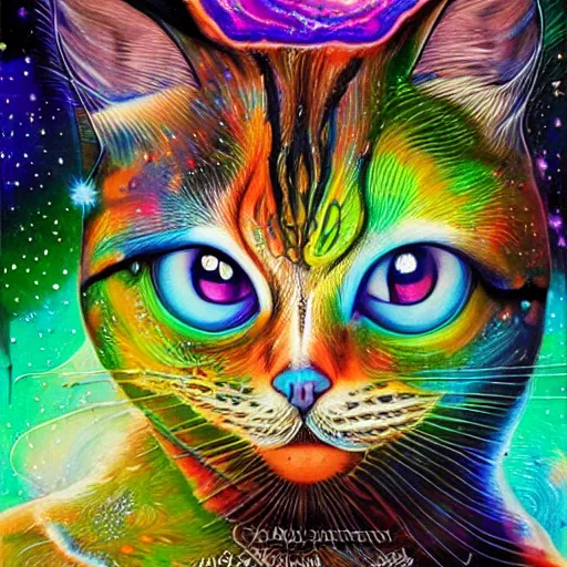 Prompt: a galaxy colored psychedelic chakra awakening kundalini ethereal portrait of a cat with her eyes closending to a higher plane of existence, eternal blessing, multiverse, by android jones, by ben ridgeway, visionary art, by artgerm, featured on artstation, cgsociety, by greg rutkowski