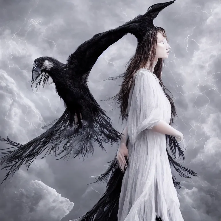 Image similar to hight focus of a wonderful realistic focused sweet wonderful symmetrical mid portrait of a demonic witch with a detailed wonderful, majestic, large semi transparent white cotton dress like as a realistic black raven, dramatic light, octane render - 8 k
