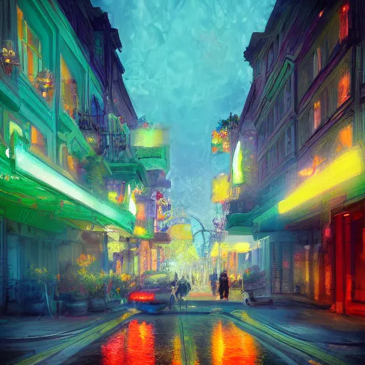 Image similar to digital art, impressionism and expressionism, an art deco streetscape lined with beautiful flowers, by liam wong and tyler edlin, trending on artstation