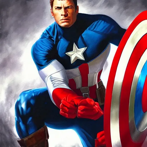 Prompt: a painting of a man in a captain america costume, poster art by Mark Brooks, trending on cgsociety, american realism, marvel comics, official art, american propaganda