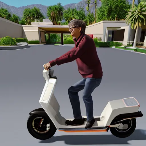 Prompt: bill gates riding a 1 9 8 7 honda elite scooter in palm springs, 3 d, unreal engine,