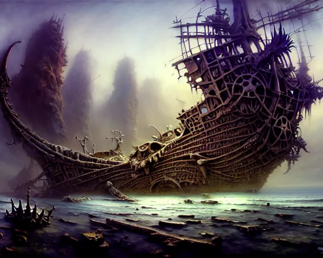 Image similar to street view of a wrecked pirate ship made of bones, fantasy landscape made of fractals facing each other, ultra realistic, wide angle, intricate details, the fifth element artifacts, highly detailed by peter mohrbacher, hajime sorayama, wayne barlowe, boris vallejo, aaron horkey, gaston bussiere, craig mullins