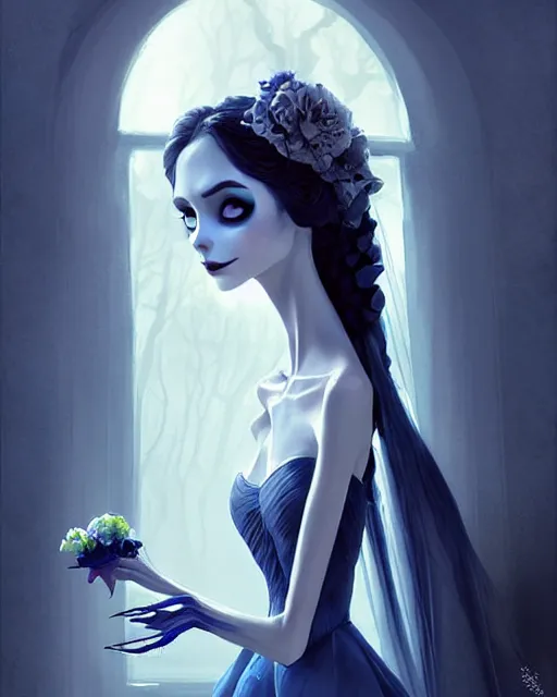 Image similar to elegant mysterious gracious undead victoria everglot from the corpse bride, portrait, illustration, the land of the death, piano in victorian front hall scene, rim light, top light, summer clear blue sky, perfectly shaded, soft painting, art by krenz cushart and wenjun lin