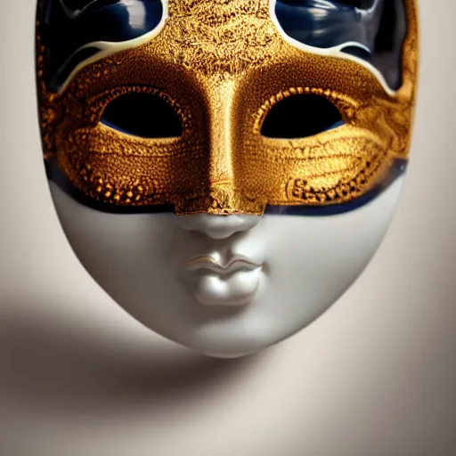 Image similar to an ornate porcelain geisha mask, reflective textures, cyberpunk glow, studio light