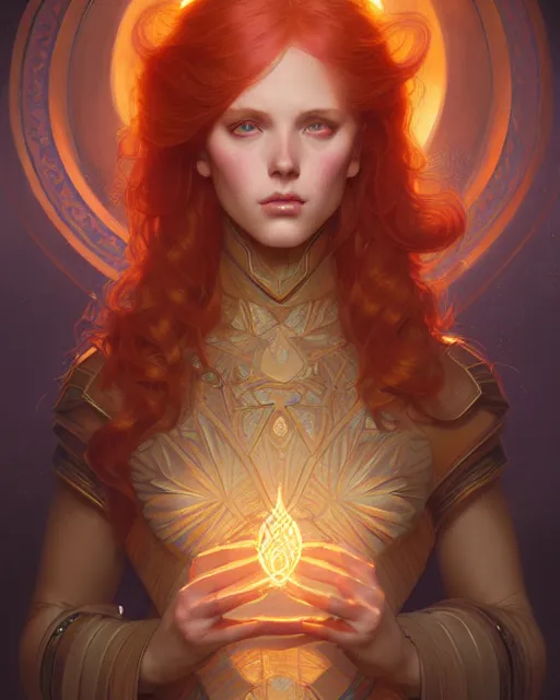 Image similar to symmetry portrait of redhead princess, glam, cleric, fireflies, crypt background, intricate, elegant, highly detailed, digital painting, artstation, concept art, smooth, sharp focus, illustration, art by artgerm and greg rutkowski and fra angelico and alphons mucha