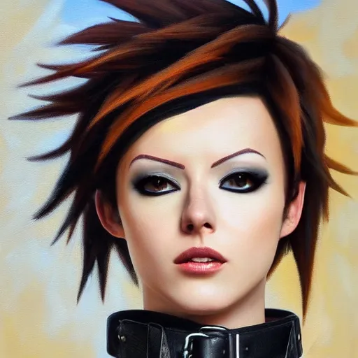 Image similar to oil painting of tracer overwatch in a field wearing very large black leather collar around neck, in style of mark arian, expressive face, very detailed face, wearing leather choker, very detailed eyes, full body, feminine face, detailed makeup on eyes,