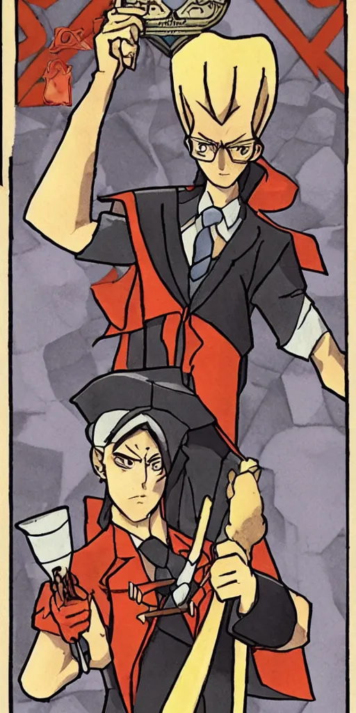 Prompt: the judge from Ace Attorney with a scale in one hand. Tarot card Justice