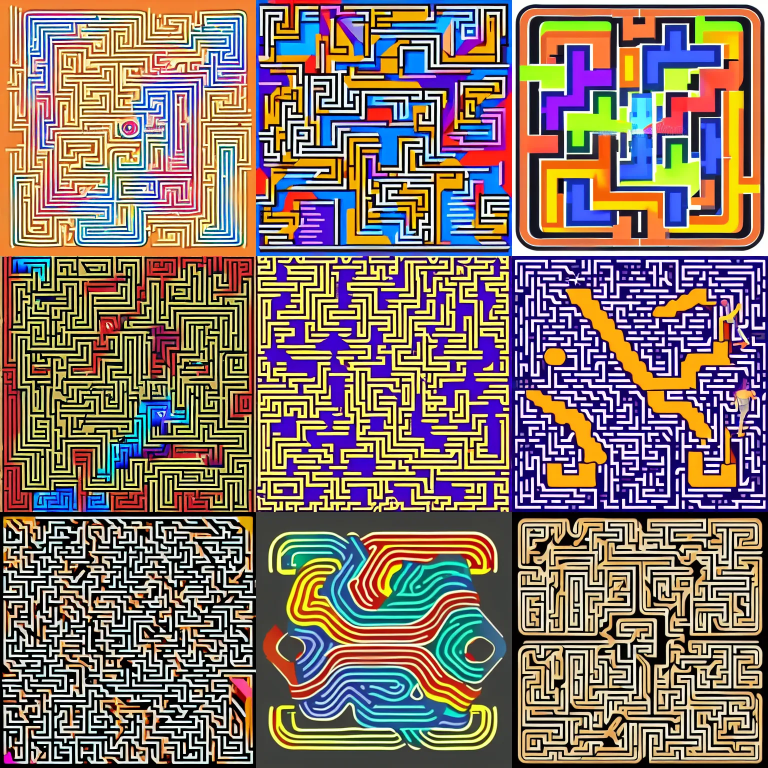 Prompt: an unbroken 2d path maze colorful vector illustration