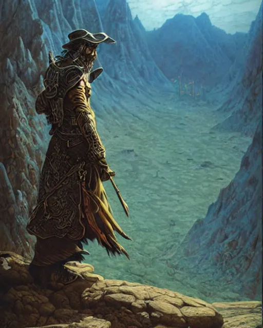 Image similar to a male mage in a barren mountainous landscape, art by larry elmore, yoshitaka amano, michael whelan