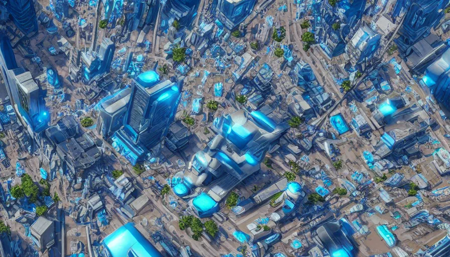 Image similar to pov of futuristic berlin streets with humongous blue buildings, crowded square, sunny day, hyperdetailed, artstation, cgsociety, 8 k