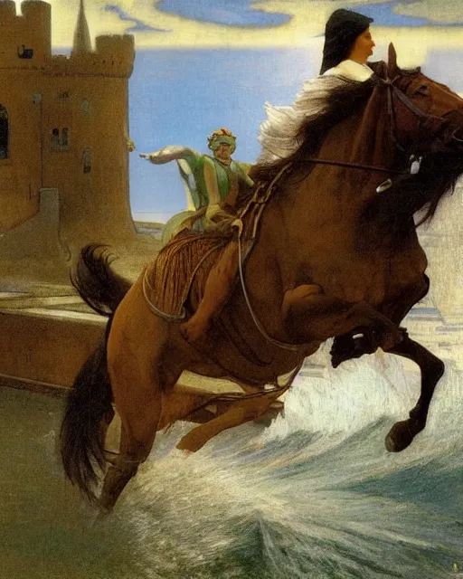 Prompt: Magician riding a horse leaving the castle through the bridge, thunderstorm, beach ocean on the background major arcana sky, paul delaroche, alphonse mucha, arnold böcklin, hyperrealistic 8k, very detailed