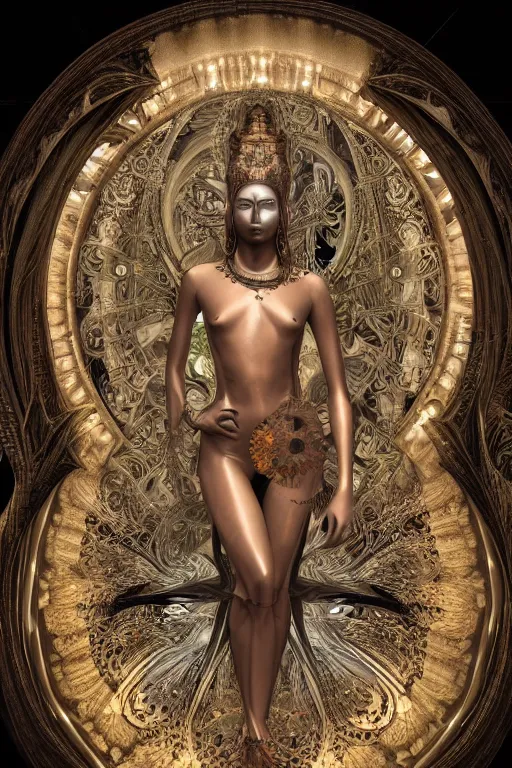 Prompt: a realistic dark photo of a beautiful ancient alien woman goddess kate moss nataraja shiva standing in iris van herpen dress jewelery and fractals in style of alphonse mucha art nuvo dmt trending on artstation made in unreal engine 4