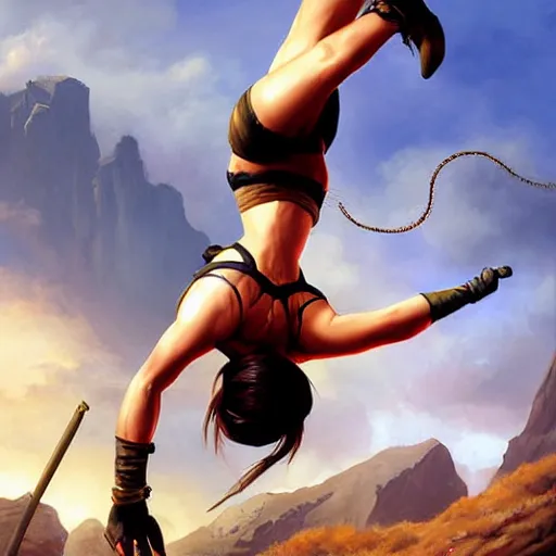 Image similar to Lara Croft doing a backflip, painted by Mark Brooks and Charlie Bowater