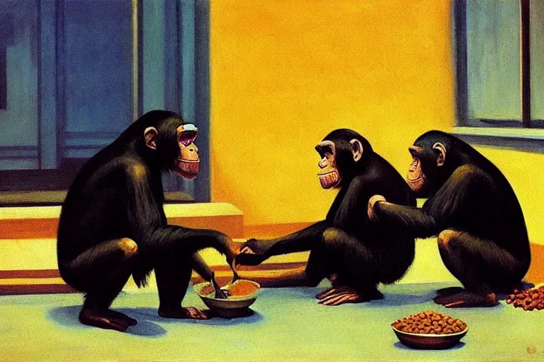 Prompt: a highly detailed painting of chimpanzees cooking lentil dhaal, by Edward hopper