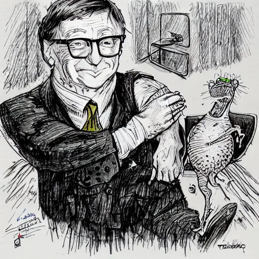 Image similar to bill gates holding a vaccine in his hand, Body horror, by Ralph Steadman