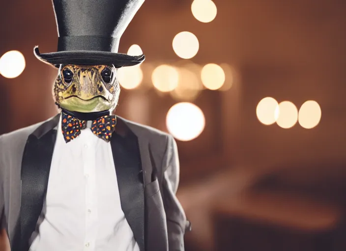 Image similar to photo still of a tortoise wearing a top hat and bowtie, 8 k, studio lighting bright ambient lighting key light, 8 5 mm f 1. 8