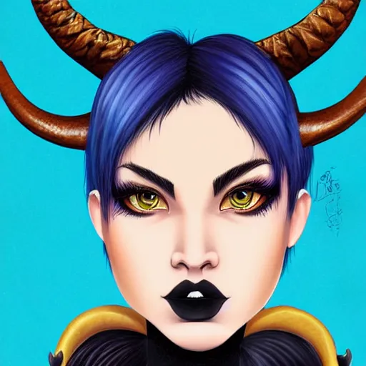 Image similar to illustrated portrait of ram-horned devil woman with blue bob hairstyle and #FFA500 colored skin and with solid black eyes wearing leather by rossdraws