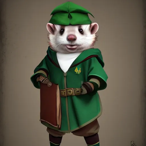 Image similar to a anthropomorphic ferret is dressed as a hogwarts student in slytherin robes, hyperdetailed, artstation, cgsociety, 8 k