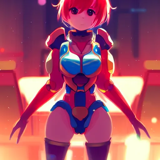 Prompt: digital anime art, very small cute girl on a large table, red mech arms and red mech legs, blue watery eyes!!!, short gold hair!!!, red bikini, full body!!!, wlop, rossdraws