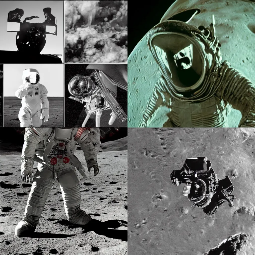 Prompt: moon landing, xenomorph, xenomorph, apollo 1 1, the movie alien, high definition, grainy footage, close up