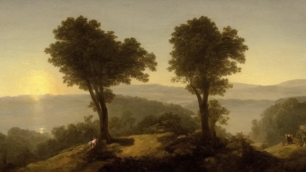 Image similar to so the sun set. i forgot to mention that a belt of mist lay between my hill and other hills, and that it was the color of pearl, claude lorrain