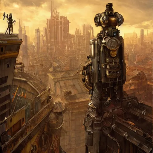 Prompt: two steampunk robots standing on a building, apocalyptic, apocalyptic city, gloomy, 8 k, octane render, ultra detailed, art by artgerm and greg rutkowski and alphonse mucha, artstation