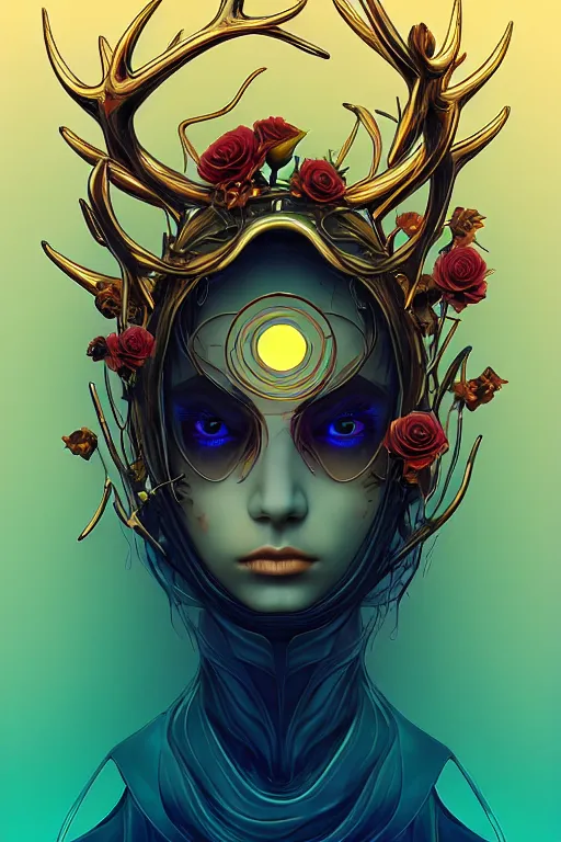 Image similar to 👁🌹👾, phantom, dreary, dramatic, fluid, golden ratio, artstation, moebius + loish, hd, antlers