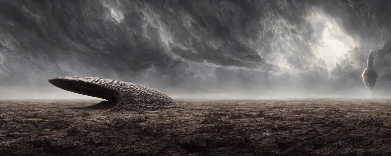 Image similar to a large organic like spaceship landing on a barren dry land with an epic cloud formation on the background by HR GIger, Dariusz Zawadzki, gustave doré, zhuoxin ye, very detailed, octane render, 8k, oranate and brooding, scary and dark, canon 24mm lens