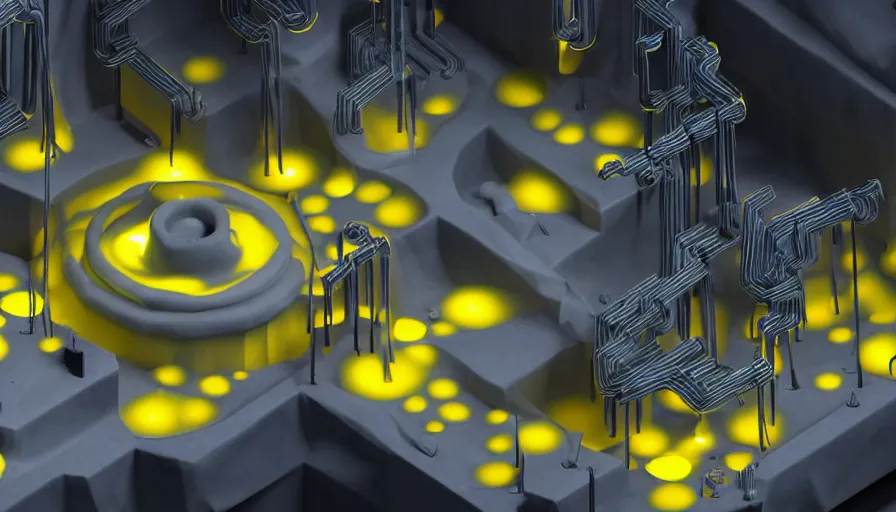 Image similar to liquid nitrogen with yellow water-cooling coolant flowing through latent representations of dark ice caverns undergoing centrifugal forces, illuminated by computer circuitry sticking out the walls, high detail, high contrast, low-poly elements, 90s low poly render, 4k upscaling