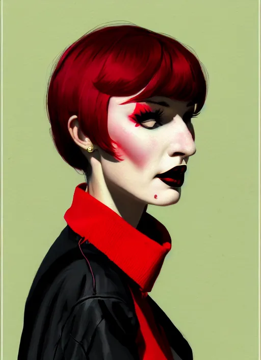 Image similar to portrait of a woman with a crooked nose and a confident expression, 1 9 6 0 s, red clothes, goth, punk, brightly coloured hair, funk, intricate, elegant, highly detailed, digital painting, artstation, concept art, smooth, sharp focus, illustration, art by wlop, mars ravelo and greg rutkowski