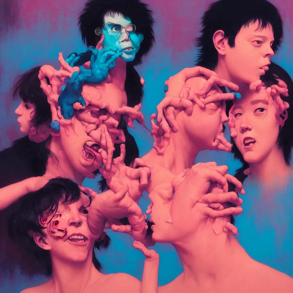 Image similar to happy and disturbing portrait of todd solondz punching a woman, smiling, vivid colors, neon, art by ( ( ( kuvshinov ilya ) ) ) and wayne barlowe and francis bacon and artgerm and wlop and william - adolphe bouguereau