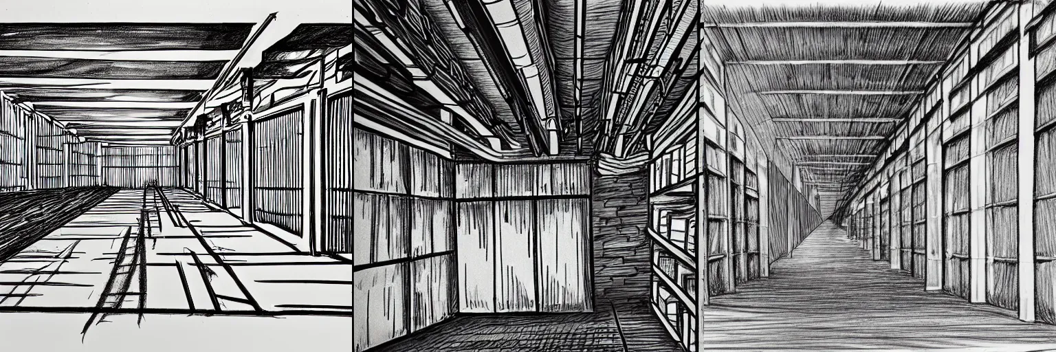 Prompt: inside of a warehouse, dark papyrus, hand drawn sketch