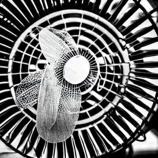 Prompt: a fly trapped in a fan, photography,