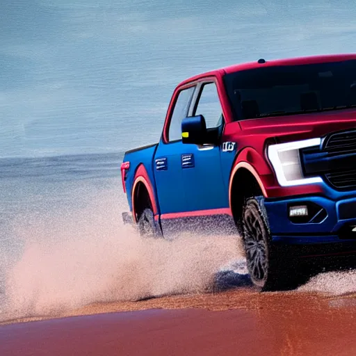 Image similar to Ford F150 Hydro Blue 2022 Truck on a Red Sand Beach at sunset