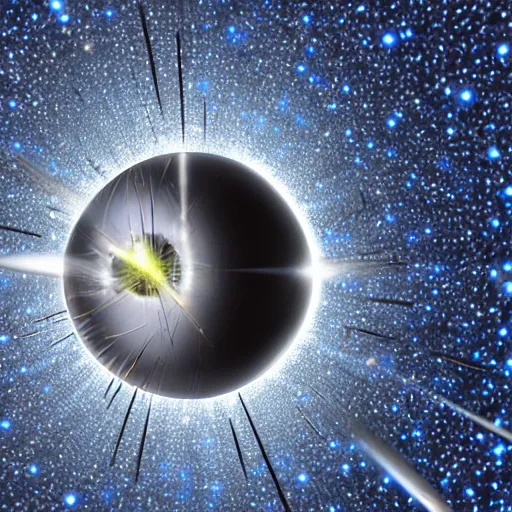 Prompt: a reflective metal sphere with spikes protruding from it opening a black hole to another dimension.