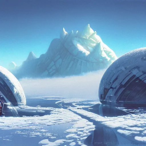 Prompt: Frozen frontiers on an alien planet, floating mountains above clouds in the background, vanishing perspective of a road, ravine, Syd Mead, John Harris, Federico Pelat,