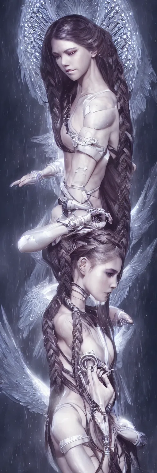 Prompt: beautiful cinematic female cyborg angel falling apart in pieces, fantasy magic, white black fade braided hair, dark light night braided hair, highly intricate detailed, braided hair, advanced digital anime art, concept art, wlop and rossdraws and Sakimimichan