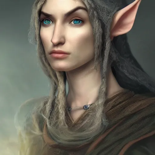 Prompt: beautiful hyper realistic portrait of a female elf wizard, focus on face, fantasy, medieval, elegant, soft, feminine,intricate details, cinematic, trending on artstation, in the style of D&D