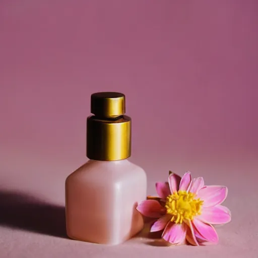 Image similar to perfume bottle sitting on a pile of pale pink and yellow flowers close shot, light pink background, softly - lit, soft - femme, zen, light, modern minimalist f 2 0 clean