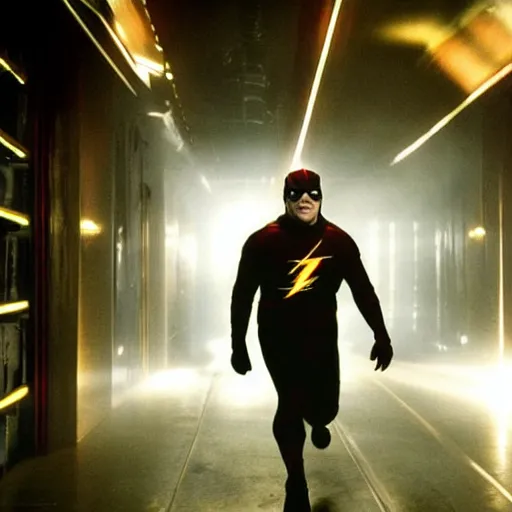 Image similar to film still of jack black playing the flash by steven spielberg, epic lighting effects