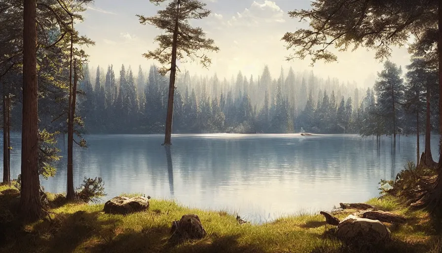 Prompt: portrait of a large lake surrounded by pine forest, highly detailed, sunny, blue sky, cinematic lighting, highly angle, godrays, volumetric, photorealistic, digital art painting by greg rutkowski