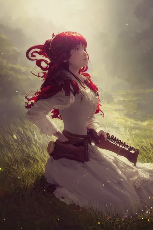 Prompt: highly detailed portrait of a young bard princess playing the lute, wavy vibrant red hair, white lace dress, cinematic lighting, dramatic atmosphere, by Dustin Nguyen, Akihiko Yoshida, Greg Tocchini, Greg Rutkowski, Cliff Chiang, 4k resolution, nier:automata inspired, bravely default inspired, luminous prairie background