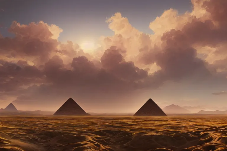 Prompt: beautiful digital painting of an oasis in a large desert landscape, with ancient pyramids and some clouds on the horizon, by lee madgwick and wlop, 8 k, cinematic lights, atmospheric effects in the background, octane render, artstation, summer color scheme