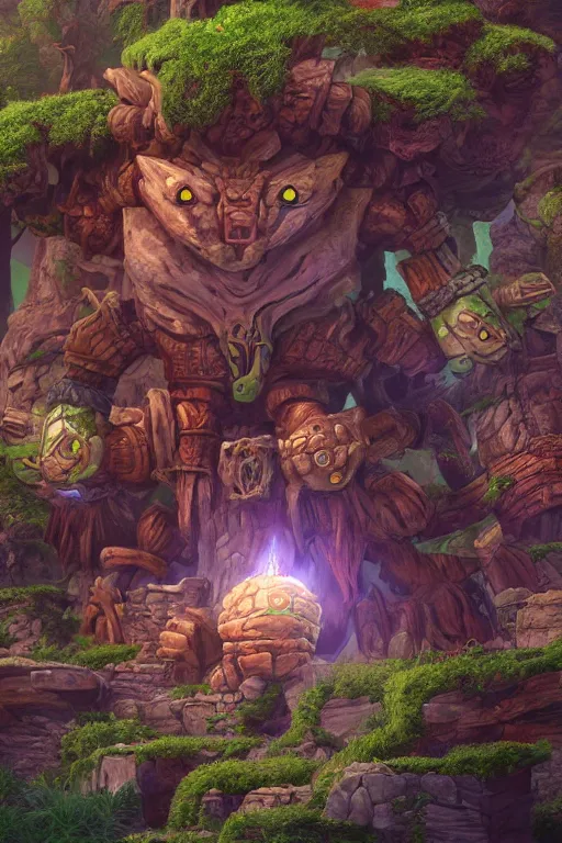 Image similar to zelda fantasy art giant golem troll wood rock greeble gemstone, global illumination ray tracing hdr fanart arstation by sung choi and eric pfeiffer and gabriel garza and casper konefal