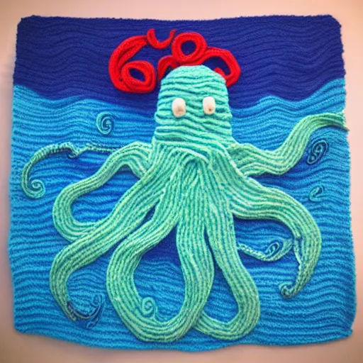 Image similar to a yarn octopus swimming in a yarn ocean under a yarn full moon