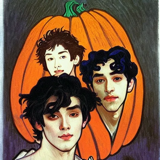 Image similar to painting of young cute handsome beautiful dark medium wavy hair man in his 2 0 s named shadow taehyung and cute handsome beautiful min - jun together at the halloween jack o lantern party, melancholy, autumn colors, elegant, painting, stylized, witchcraft, gorgeous eyes, soft facial features, delicate facial features, art by alphonse mucha, vincent van gogh, egon schiele