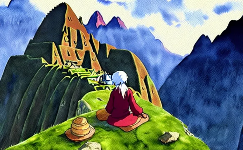 Image similar to a realistic and atmospheric watercolor from howl's moving castle ( 2 0 0 4 ) of a witch meditating in machu pichu. very dull muted colors, hd, 4 k, hq